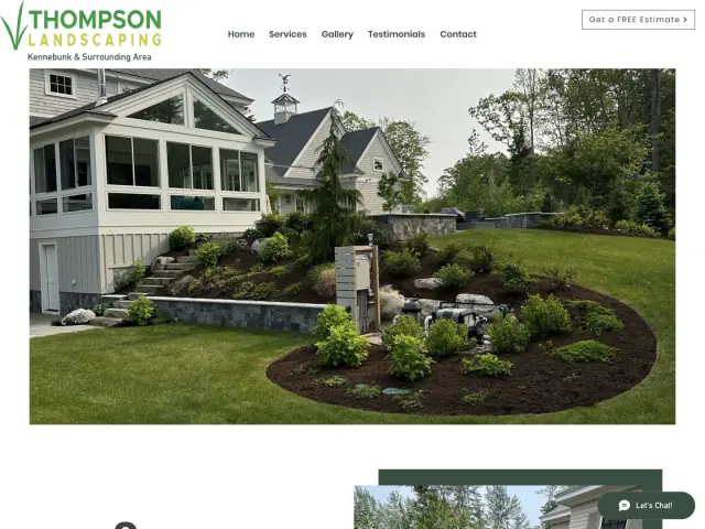 Thompson Landscaping's former homepage, with its logo and a large landscaping photo.